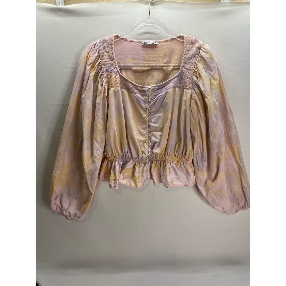 Zara Tie Dye Cropped Balloon Sleeve Button Front Blouse Spring Summer Size Small